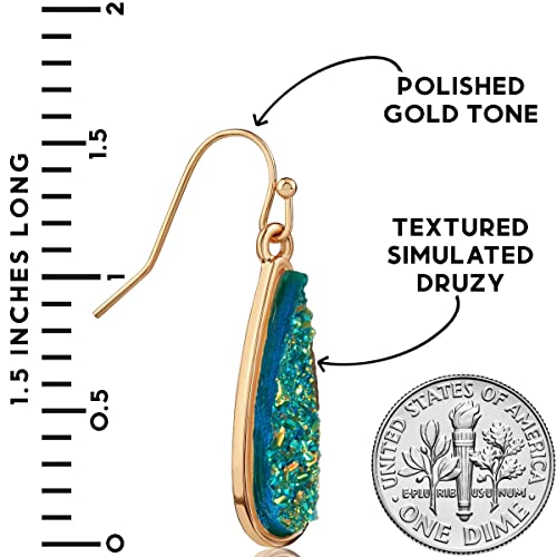 Teardrop Dangle Earrings for Women with Simulated Druzy Stones, in Gold or Rose Gold Tone - color: Gold - Blue Green Stone