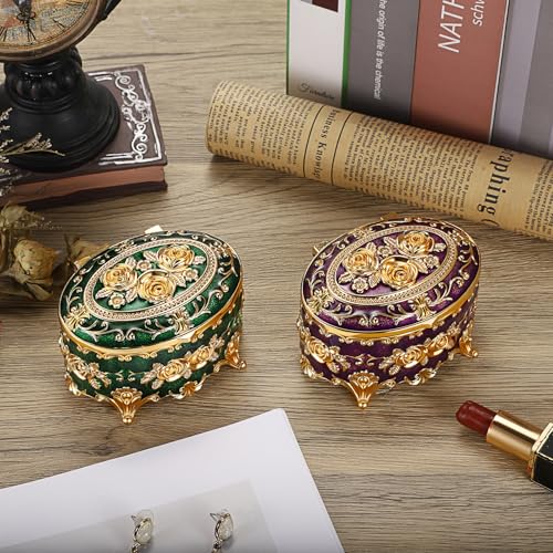 Hipiwe Vintage Oval Jewelry Storage Box Metal Trinket Organizer Purple Treasure Chest Box for Earring Necklace Ring Holder Gift for Women - color: Purple