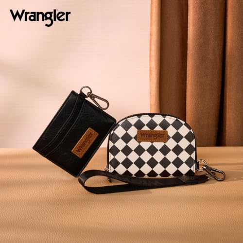 Wrangler KeyChain Wallet Checkered Wristlet Wallets for Women Western Dual Pouch Wristlet Credit Card Holder Wallet - color: Checkered Black