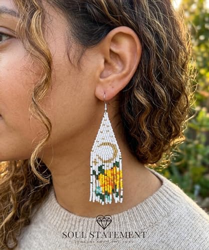 Long Beaded Earrings for Women, Statement Tassel Dangling Earrings, Native American Jewelry Boho Country Colorful Flower Moon Bead Gifts - style: Orange Blossom