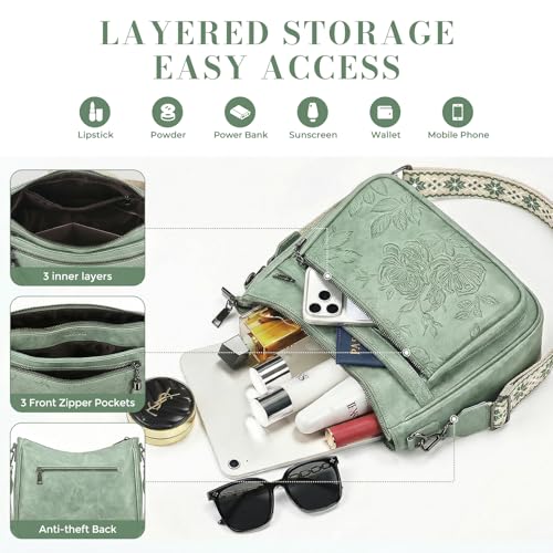 Crossbody Bags for Women, Vegan Leather Medium Crossbody Purse, Spacious Daily Travel Shoulder Bag with Boho Strap - color: Green