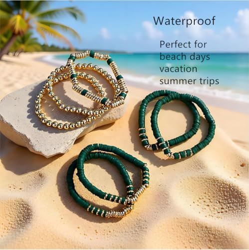 Heishi Clay Bead Bracelets Pack for Women Boho Friendship Stretch Bracelets Set Stackable Gold Beads Bracelets Jewelry for Gift