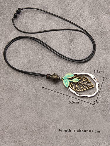 GelConnie Leather Cord Necklace Chain Multilayer Wooden Pendant Necklaces Vintage Jewelry Boho Long Sweater Necklace for Women Men - color: Leaves Leather Necklace