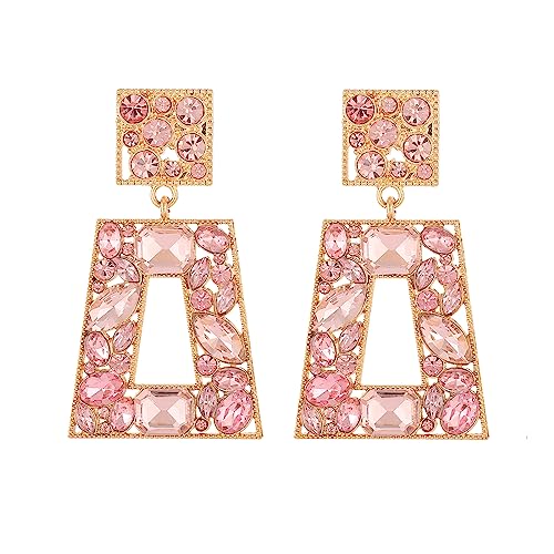 Rhinestone Rectangle Statement Earrings Colorful Crystal Geometric Drop Dangle Earrings for Women Prom Party - color: Pink