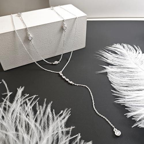 Luxval Lariat Silver Necklace for Women, Dainty Long Necklace Silver Y-Shaped Pendant Necklaces Trendy Beaded Chain Drop Necklaces Jewelry for Women Gifts - color: Silver-Layered 4CZ Y Necklace