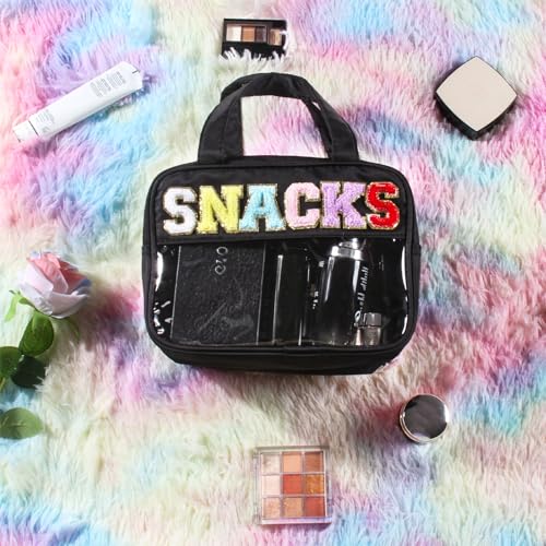 BuyCard Chenille Letter Clear Makeup Bags, Snacks Bag for Travel, Preppy Patch Nylon Cosmetic Bag with Handles and Zipper, Waterproof Large Clear Travel Toiletry Bag Storage Bag for Women Black - color: Black-Snacks