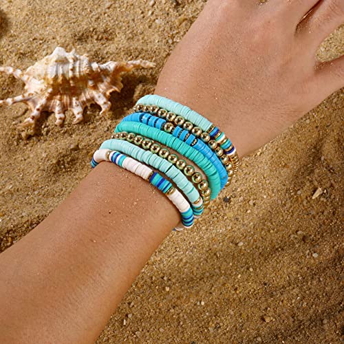 Elegance 11 designs Heishi Beaded Bracelets For Women Polymer Clay Colorful Surfer Stackable Beads Boho Bracelet Summer Beach Jewelry - color: Blue