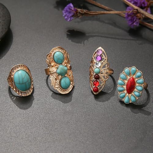 Bohemian Turquoise Ring for Women Chunky Gold Flower Statement Rings Vintage Round Turquoises Stackable Knuckle Ring Set for Women Western Jewelry - style: Turquoise ring-4Pcs