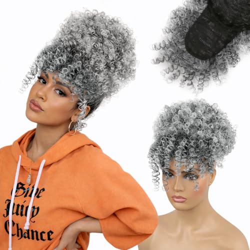 Drawstring Ponytail with Bangs Afro Puff Ponytail Extensions for Women Short Curly Puff Ponytail with Bangs Clip in Wrap Updo Hairpiece for Women (T-gray)… - color: T-gray