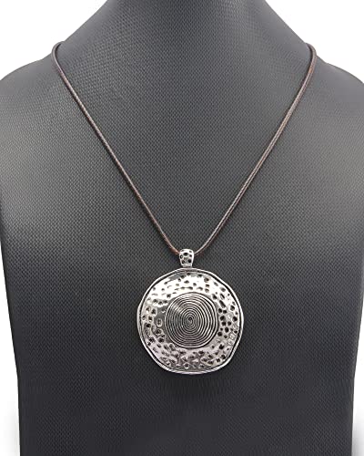 PU Leather Necklace Vintage Boho Style Multilayer Pendant Long Sweater Necklace Jewelry for Women Men with Adjustable Leather Cord - color: Black/Silver