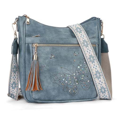 KITEVIUN Medium Crossbody Bags for Women Trendy, Women's Butterfly Shoulder Handbags with Tassel - color: 001-blue