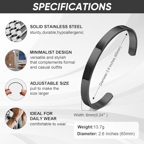 MEALGUET Stainless Steel Mens Cuff Bracelet : Minimal Cool Silver/Black/Gold Plated Open Metal Cuff Bangle Bracelets for Men,Mens Bracelet Jewelry Gift - color: Black-Single, size: Medium( fit 5.5"-7.2" wrist)
