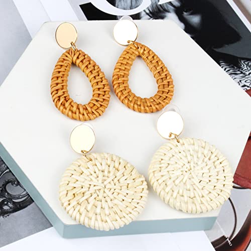 9 Pairs-26 Pairs Rattan Earrings for Women Girls Lightweight Acrylic Geometric Statement Woven Earrings Handmade Straw Wicker Braid Hoop Drop Dangle Earrings - color: gray