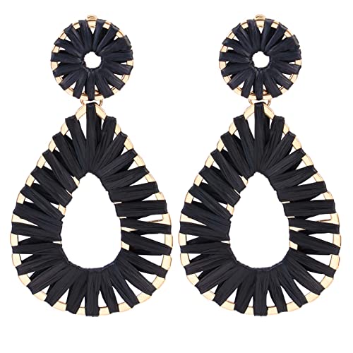 Raffia Teardrop Dangle Earrings Handmad Statement Drop Earrings - color: Black