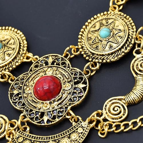 Bethynas Bohemian Ethnic Tribal Chunky Necklace Multilayer Long Tassel Turquoise Statement Neck Chain Retro Coin Gemstone Exaggerated Costume Accessories for Women - color: B-Gold