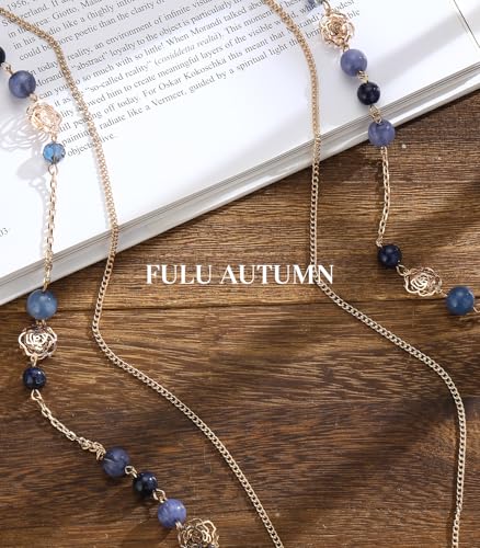 FULU AUTUMN Boho Gold Long Necklaces for Women Natural Stone Beaded Layered Long Necklace Mothers Day Gifts Dainty Flower Costume Jewelry for Women - color: Dark Blue