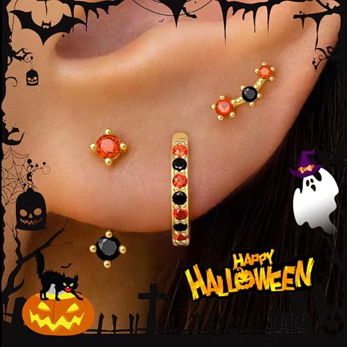 3 Pairs Dainty Small 4th of July Earrings for Women Trendy, Birthstone Stud Huggie Hoop Jacket Stack for Cartilage Helix, Gold Plated Hypoallergenic Cute Women Fashion Accessories Western Jewelry Gifts - color: Halloween Earrings(Gold Orange Black)