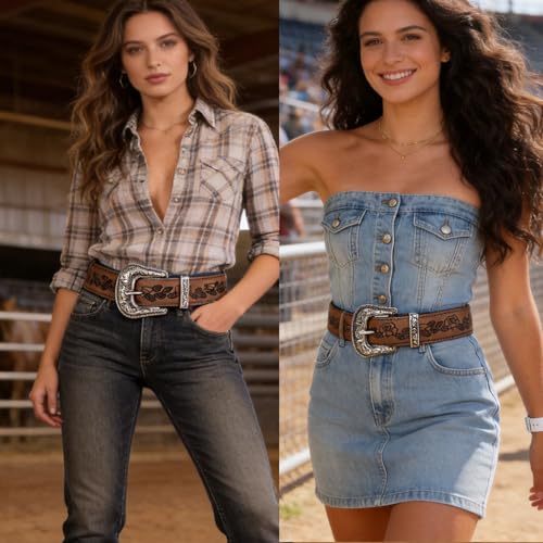 Dubulle Womens Belt Chain Leather Belts Vintage Western Adjustable Elastic Double Buckle for Cowboy Pant Dress - color: Brown Silver