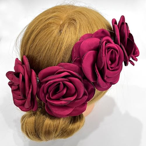 Sanrich Women's Brooches 4pcs Rose Flower Hair Clip Mexican Hair Flowers Clips Hairpin Brooch Tea Party Hats Headpieces (burgundy) - color: burgundy