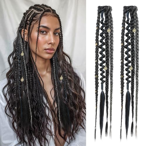REECHO Clip in Braid Hair Extensions for Women, 16" Boho Dreadlock Clip in Braids with Beads & Charms, 2PCS Synthetic Braided Hairpieces for Cosplay Daily, Black with Gray - color: Black with Gray, size: 16 Inch
