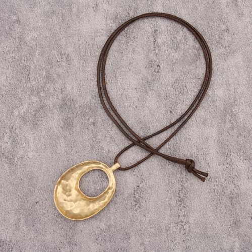 GelConnie Leather Necklaces Turquoise Long Boho Necklaces for Women Brown Chunky Circle Pendant Chocker Necklace Gold Sweater Necklace - style: Brown Leather Choker
