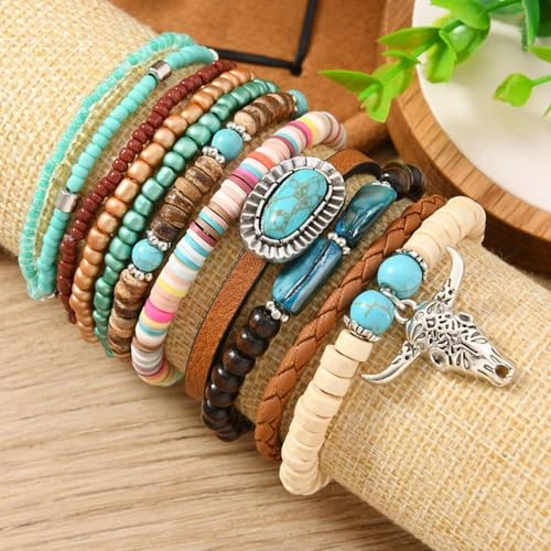 Long tiantian Western Turquoise Beaded Bracelet Set for Women Stackable Cowgirl Bracelets Boho Concho Jewelry Country Concert Rodeo Outfit Accessories Gifts - color: F2:western wooden dress