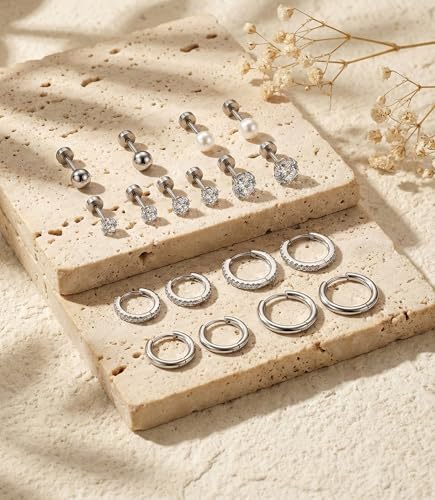Incaton Hypoallergenic Flat Back Earrings for Women Silver 14K Gold Plated Surgical Stainless Steel Stud Earrings Cubic Zirconia Cartilage Studs Earrings For Multiple Piercing Sensitive Ears - color: J-Silver