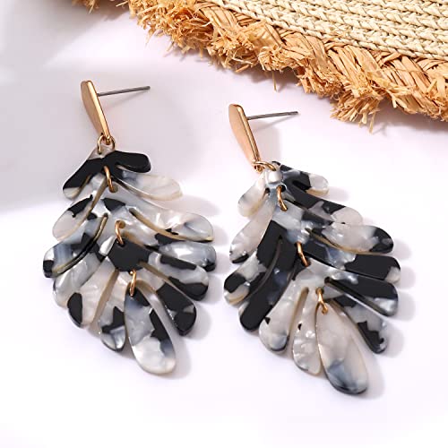 ARATLENCH Acrylic Pendant necklace Earrings – Long Statement Leaf Charm Necklace Tortoise Resin Palm Leaf Earrings Fashion Necklaces Earrings for Women - color: white black earrings