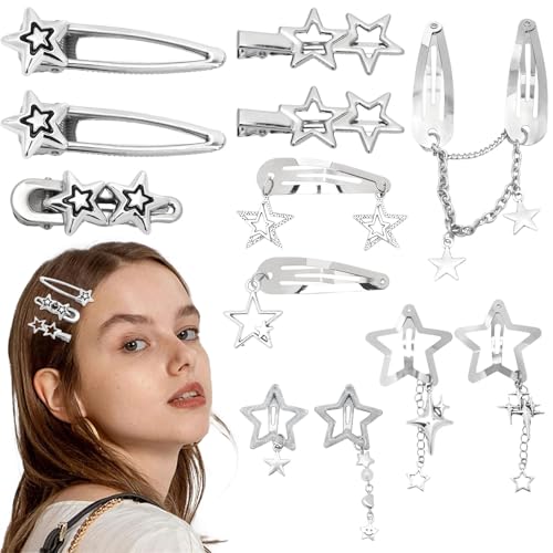 Canitor Y2k Star Hair Clips Cute Kawaii Metal Punk Snap Clips Barrettes for Women Teen Girl Silver Goth Emo 2000s Grunge Rave Kpop Fashion Hair Accessories for Concert Outfit (silver 12pcs) - color: silver 12pcs