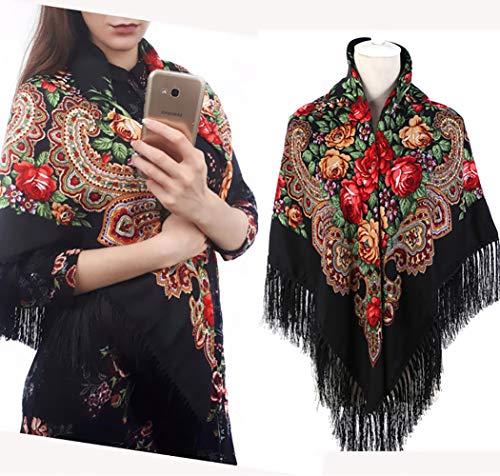Gudessly Women's Traditional Scarf Wrap Tassel Fringes Neck Head Shawl Retro Scarf Floral Poncho Printing Square Cape 50inch - color: Black