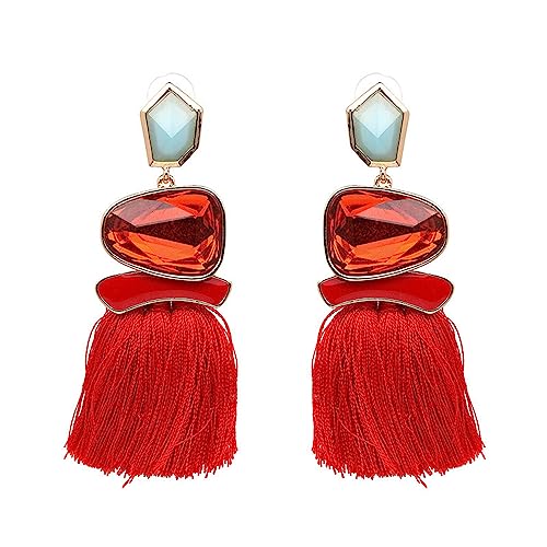 Vintage Long Tassel Drop Dangle Earrings Rhinestone Water Heart Leaf Shaped Boho Statement National Ethnic for Women Multicolor Boho Jewelry - color: Red