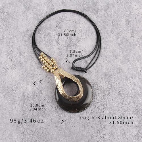 GelConnie Leather Necklace for Women Large Pendant Long Brown Necklace Circle Leather Choker Vintage Sweater Necklace Gold Chunky Boho Necklaces for Women - style: Black Stone Beads Necklace