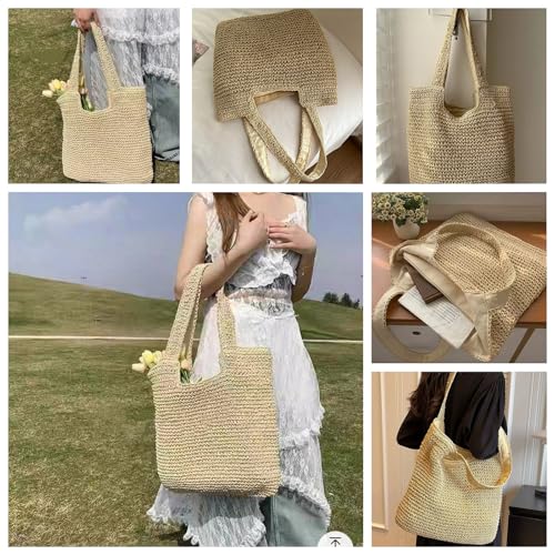 Aphoraeny Straw Beach Bag Buckets Totes Handbag Shoulder Tote Bag Straw Purse Summer Purse Women Summer Handbag - color: D-beige