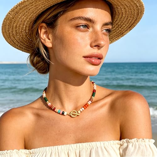 Colorful Beaded Necklace for Women Gemstone Bead Chokers Toggle Boho Natural Stone Surfer Necklaces Summer Beach Jewelry - color: B-Pink&Orange
