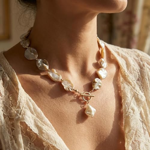 Chunky Shell Choker Necklace for Women,Natural Irregular Pearl Beaded Beach Necklaces,OT Buckle Pearl Pendant Choker,Bohemian Beach Necklace,Summer Beach Vacation Jewelry Gift for Women - color: Amber