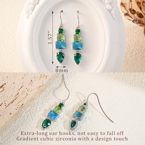 Colorful Cubic Zirconia Dangle Earrings for Women Multicolor Crystal Earrings Rainbow Cz Dangling for Birthstone Jewelry - color: Linght blue and green