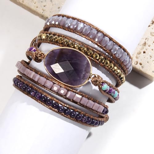 Women Wrap Bracelet Boho Natural Jasper Crystal Stone Beads Strand Bracelets - color: Amethyst