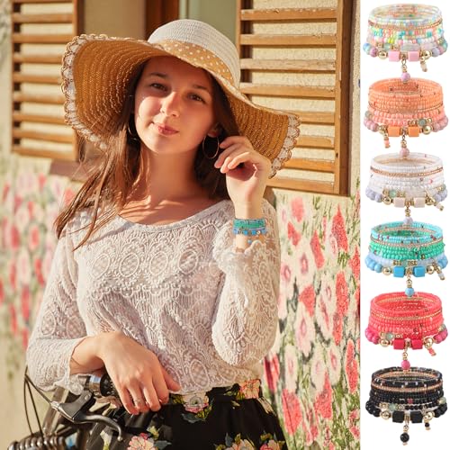 6 Sets Bohemian Bracelet Sets for Women | Beaded Bracelets for Women | Stackable Stretch Boho Bracelets for Women | Multi-color Bracelets Dainty Jewelry Gifts