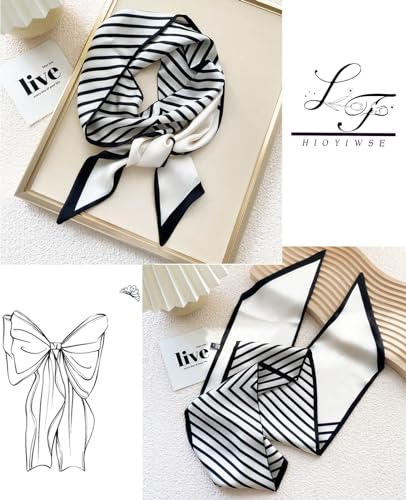 Hioyiwse Head Scarf Hair Neck Scarves For Women Purse Bag Scarfs For Handbags Silky Long Thin Satin Headscarf Fashion - color: B2-black Lines on White Background