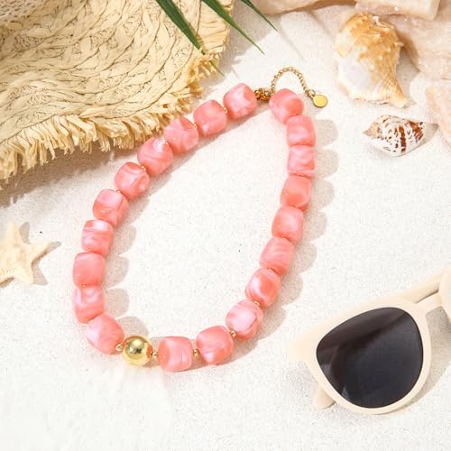 Chunky Colorful Beaded Necklaces for Women Big Bead Boho Choker Necklace Trendy Heart Statement Necklace Summer Beach Jewelry Mothers Day Gifts for Mom Daughter - color: Square Pink Choker