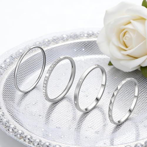 4-Pack 14K Gold Plated Stackable Rings for Women,Cubic Zirconia Simulated Diamond Oura Stack Rings for Oura Ring Gen 4/Oura Ring Gen 3,Dainty Trendy Statement Stacking Rings Set Size 5-10 - color: Silver, size: 8