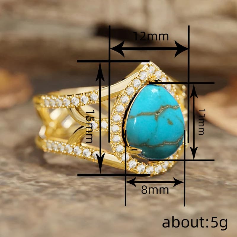 Water Drop Pear Shaped 14k Gold Plated Blue Turquoise CZ Ring,Retro Boho Chic Jewelry Statement Birthstone Ring Anniversary Wedding Rings for Women Size 6-10（9） - size: US Size 9