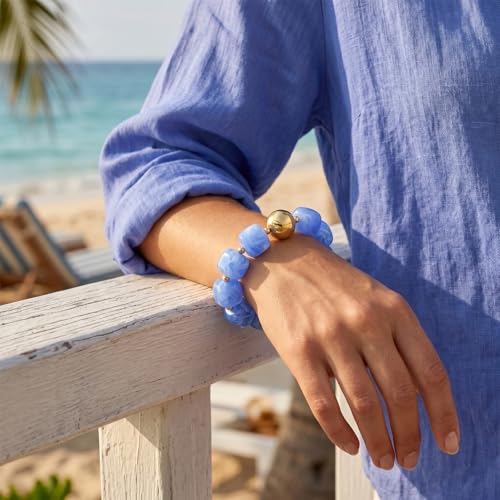 Multicolor Chunky Beaded Bracelet for Women Bold Acrylic Resin Stretch Bracelet Summer Beach Statement Bracelets Trendy Elastic Bangle Jewelry - color: Bead bracelet-light blue