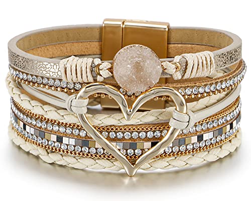Fesciory Leopard Bracelet for Women, Boho Leather Wrap Multi-Layer Pearl Crystal Bracelet Bangle Jewelry - style: Heart Leather(Khaki)
