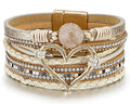 Fesciory Leopard Bracelet for Women, Boho Leather Wrap Multi-Layer Pearl Crystal Bracelet Bangle Jewelry - style: Heart Leather(Khaki)