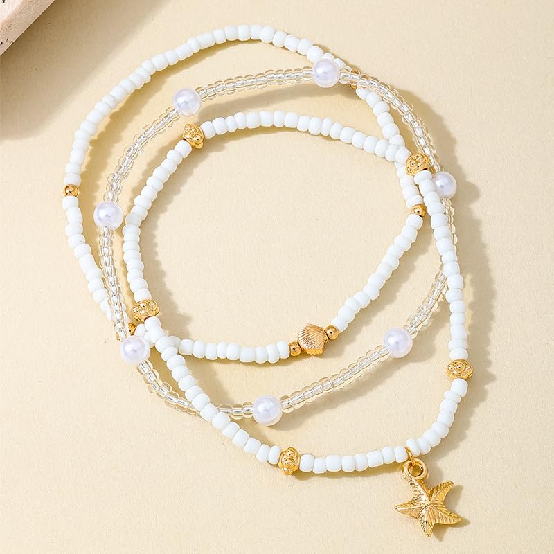 Ankle Bracelets for Women Waterproof Beach Jewelry for Women Elastic Beaded Anklets Boho Seashell Pearl Starfish Anklets for Women Foot Jewelry - style: 4 - 3 layer shell starfish
