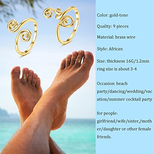 FIBO STEEL 9 Pcs Adjustable Toe Rings for Women Open African Toe Rings Summer Beach Foot Jewelry - color: Gold-tone