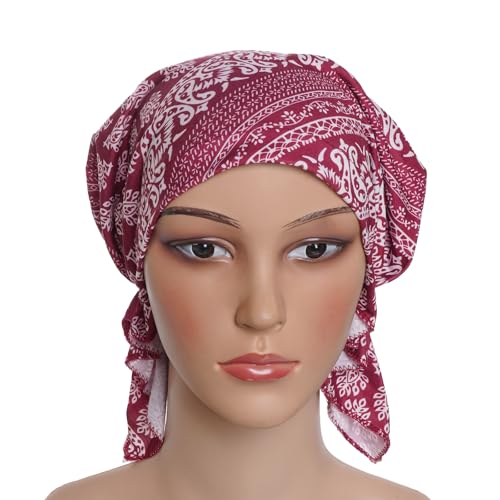 4pcs Pre-Tied Chemo Head Scarf Beanie Covers Cap Head Scarves Sleep Turban Hat Women Bandana with Stretch Print Ruffle - color: Blue