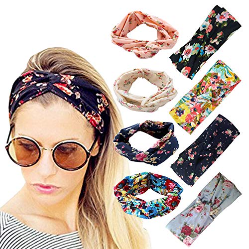 DRESHOW 8 Pack Headbands for Women Yoga Knotted Headbands Elastic Criss Cross Hair Accessories Sports Head Wrap Non Slip - color: 8 Pack Printed