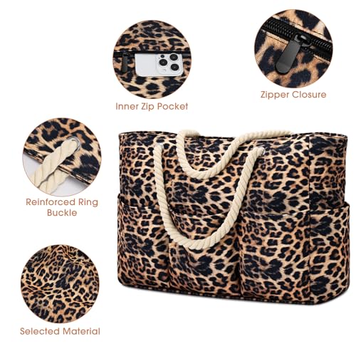 Becokan Beach Bags for Women Canvas Large Beach Tote Bag Zipper Waterproof Sandproof Foldable Swim Pool Bag with 7 Pockets - color: Leopard